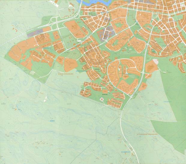 En karta över Norrköping med bebyggelse runt Strömmen.