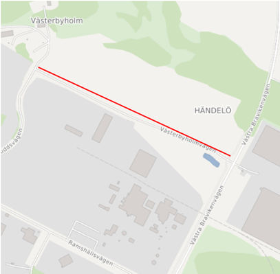 Kartbild med röd markering som visar var längs med Västbyholmsvägen den nya gång- och cykelvägen kommer anläggas