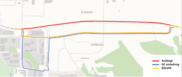 Kartbild över Arkösundsvägen med färgade markeringar som visar hur fordonstrafiken, samt gång- och cykeltrafiken leds om. 