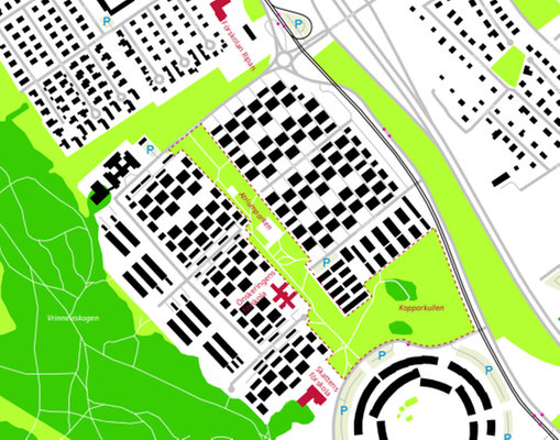 Kartbild som visar var den nya stadsdelsparken ska byggas i Hageby Navestad.