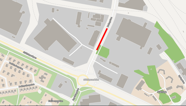 Kartbild som visar röd markering av var trafikstörning kommer ske på Malmgatan.
